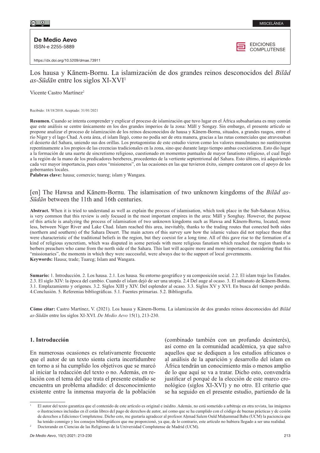 Los Hausa Y Kānem-Bornu. La Islamización De Dos Grandes Reinos Desconocidos Del Bilād As-Sūdān Entre Los Siglos XI-XVI1