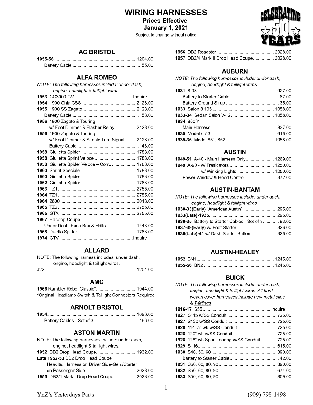 WIRING HARNESSES Prices Effective January 1, 2021 Subject to Change Without Notice