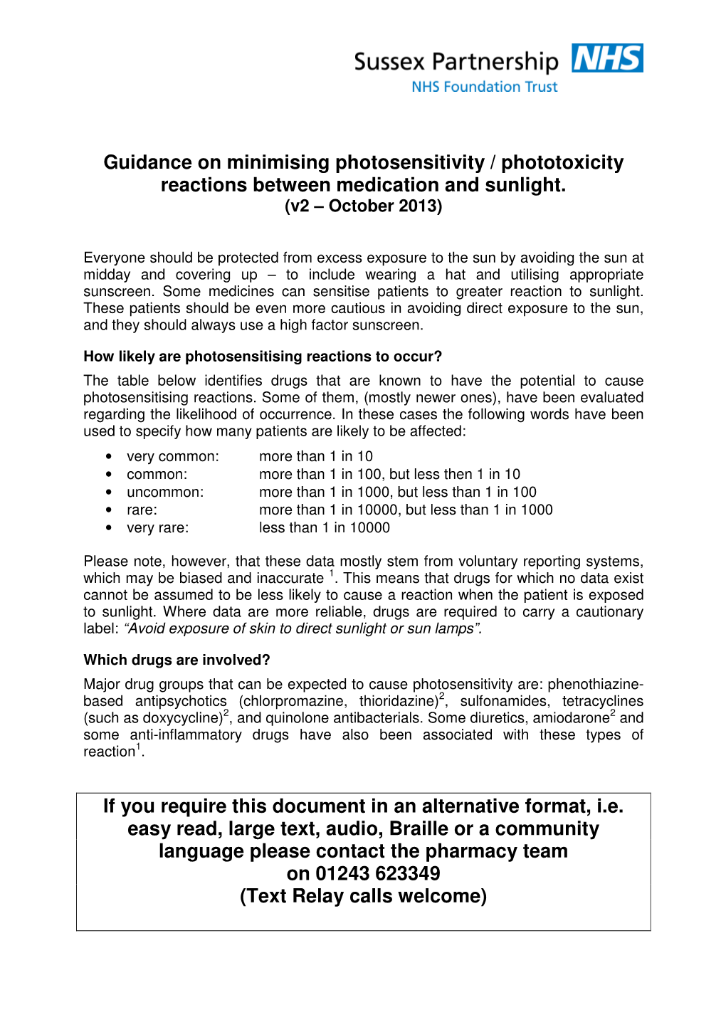 Guidance on Minimising Photosensitivity / Phototoxicity Reactions Between Medication and Sunlight