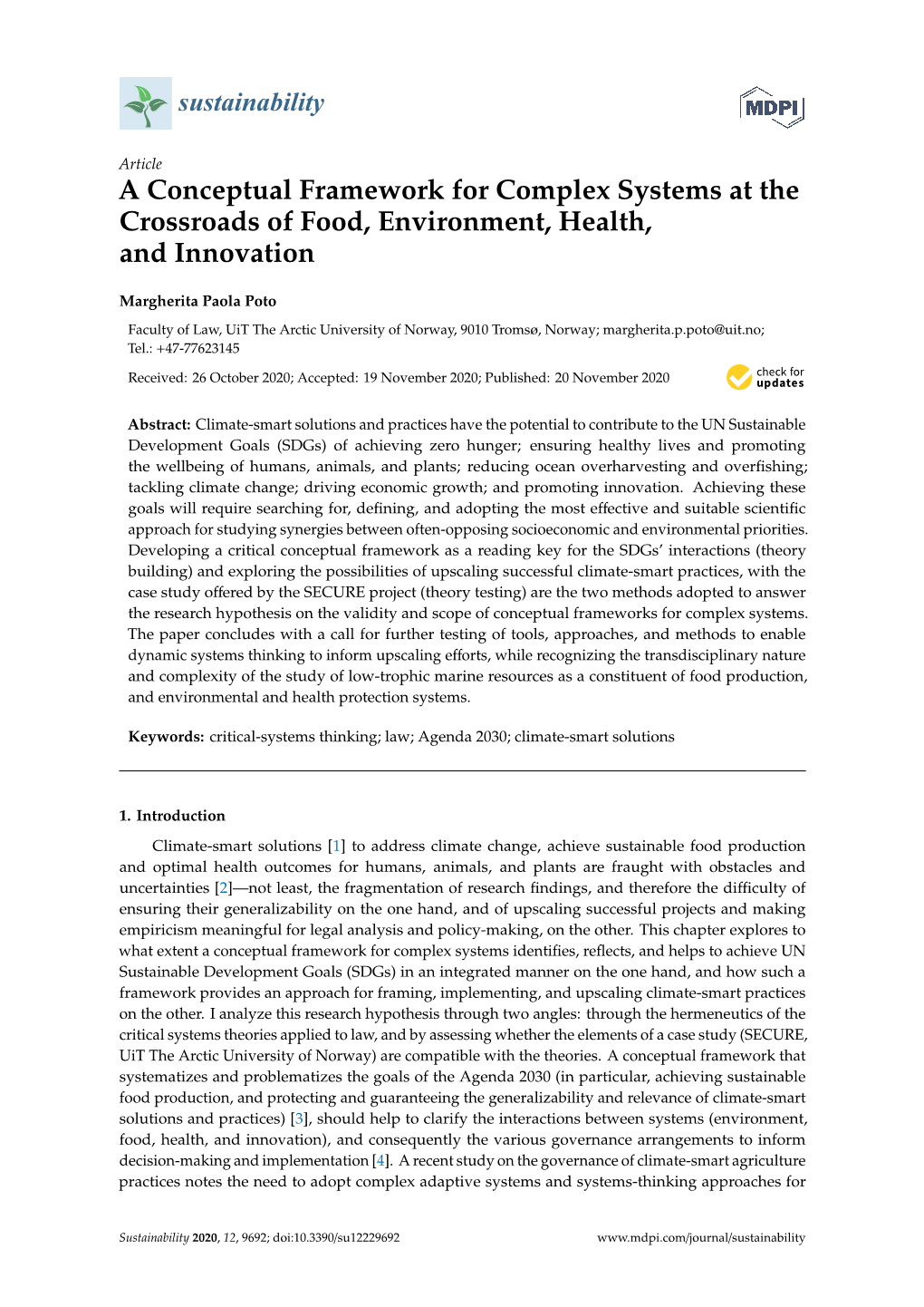 A Conceptual Framework for Complex Systems at the Crossroads of Food, Environment, Health, and Innovation