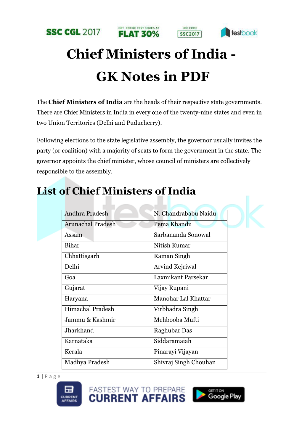 Chief Ministers of India - GK Notes in PDF