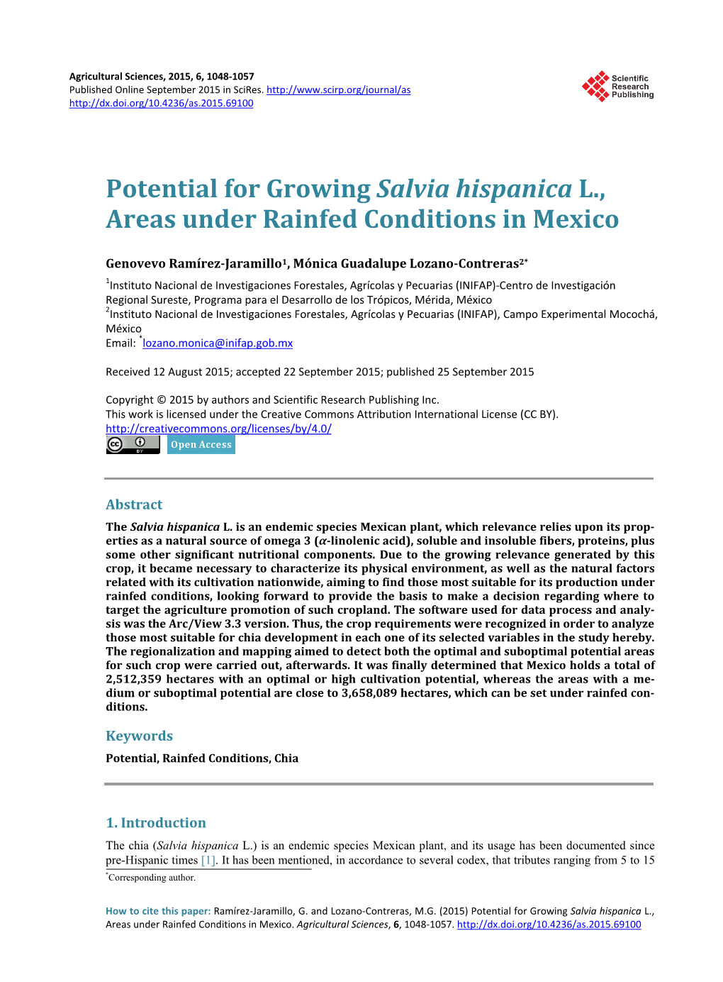 Potential for Growing Salvia Hispanica L., Areas Under Rainfed Conditions in Mexico
