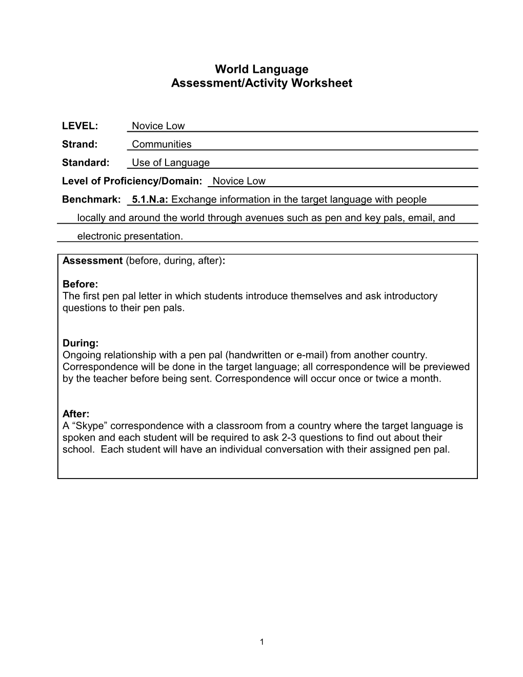 Assessment/Activity Worksheet s1