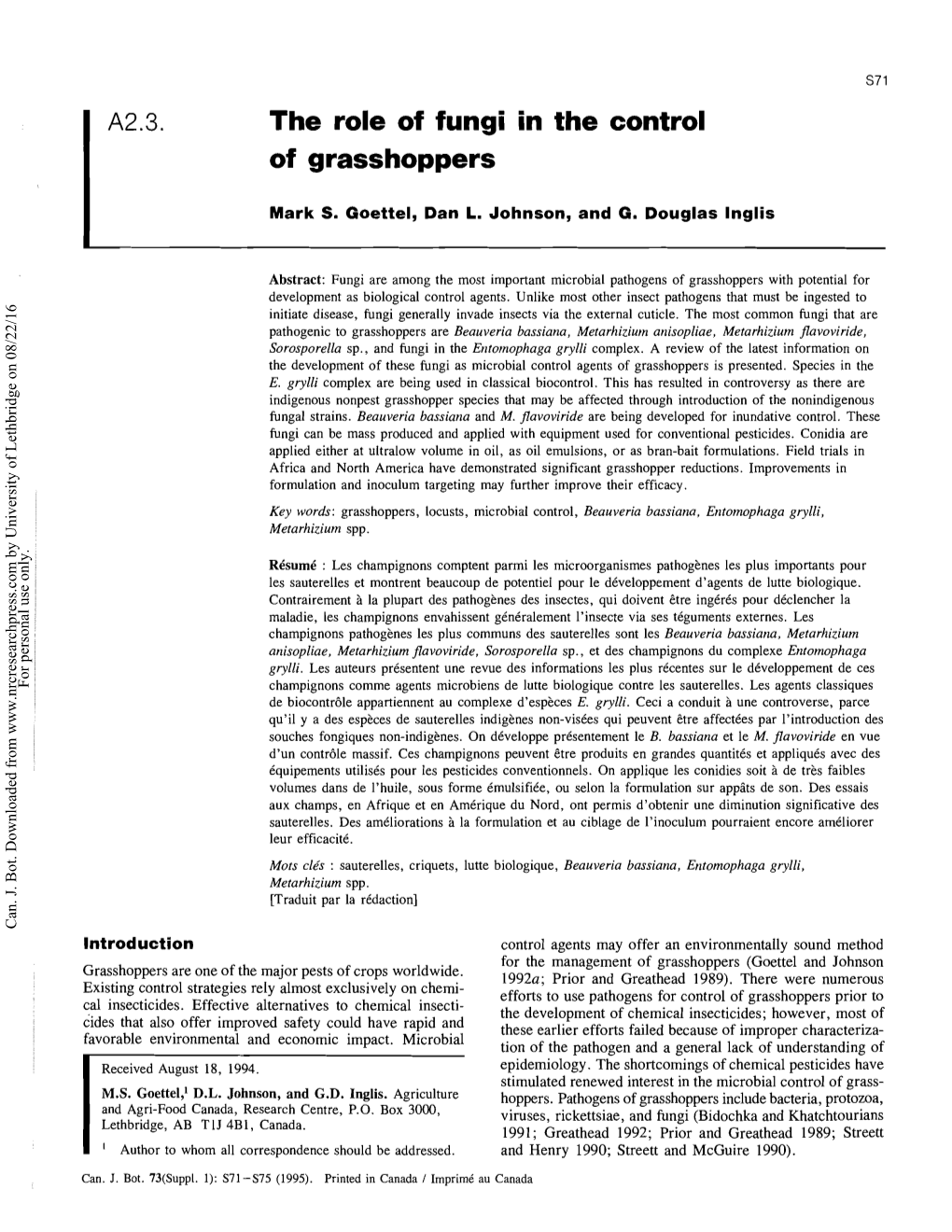 The Role of Fungi in the Biological Control of Grasshoppers