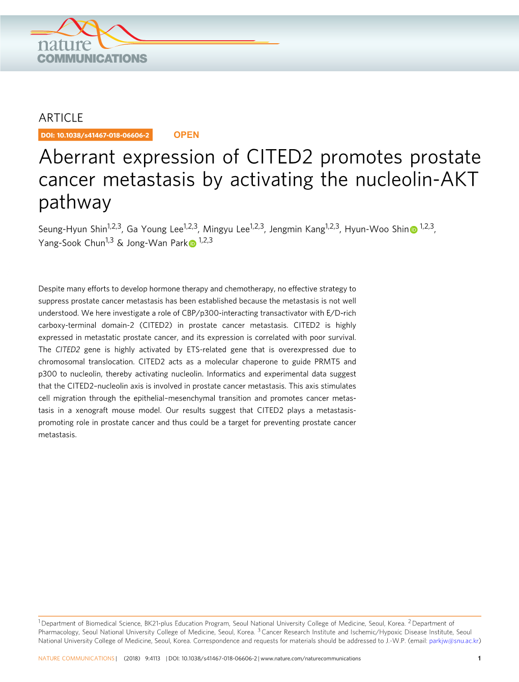 Aberrant Expression of CITED2 Promotes Prostate Cancer Metastasis by Activating the Nucleolin-AKT Pathway