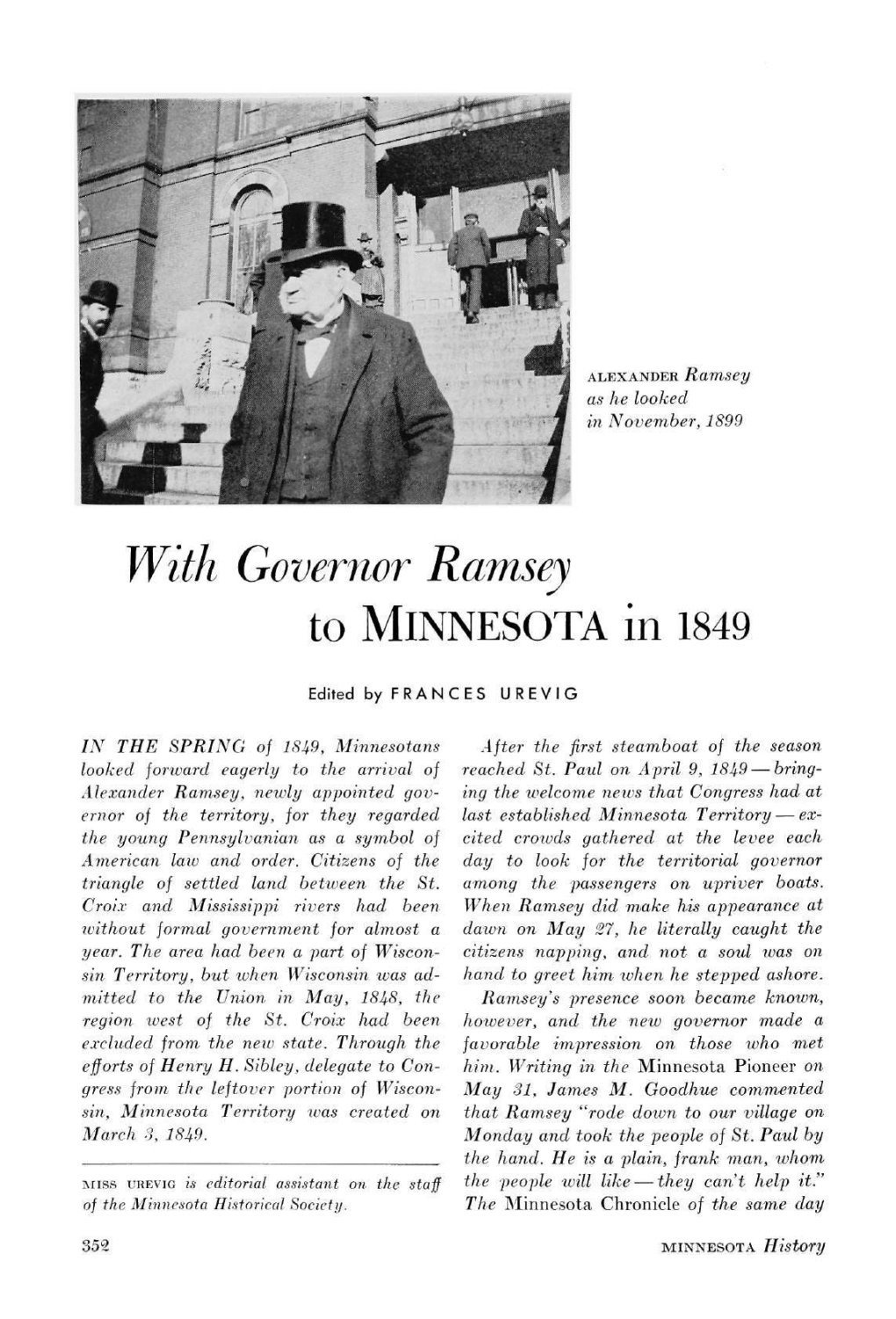 With Governor Ramsey to Minnesota in 1849, Ed. by Frances Urevig
