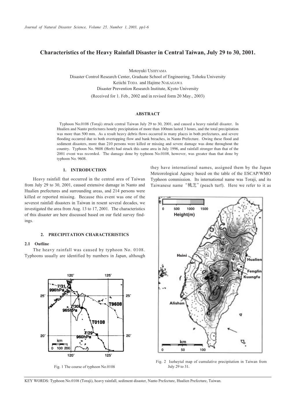 Characteristics of the Heavy Rainfall Disaster in Central Taiwan, July 29 to 30, 2001