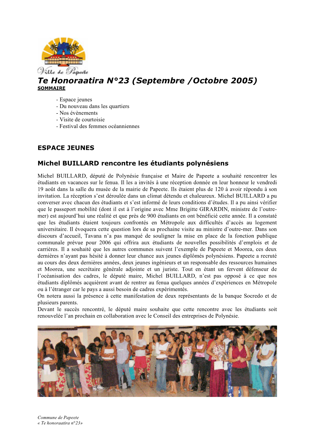 Te Honoraatira N°23 (Septembre /Octobre 2005) SOMMAIRE