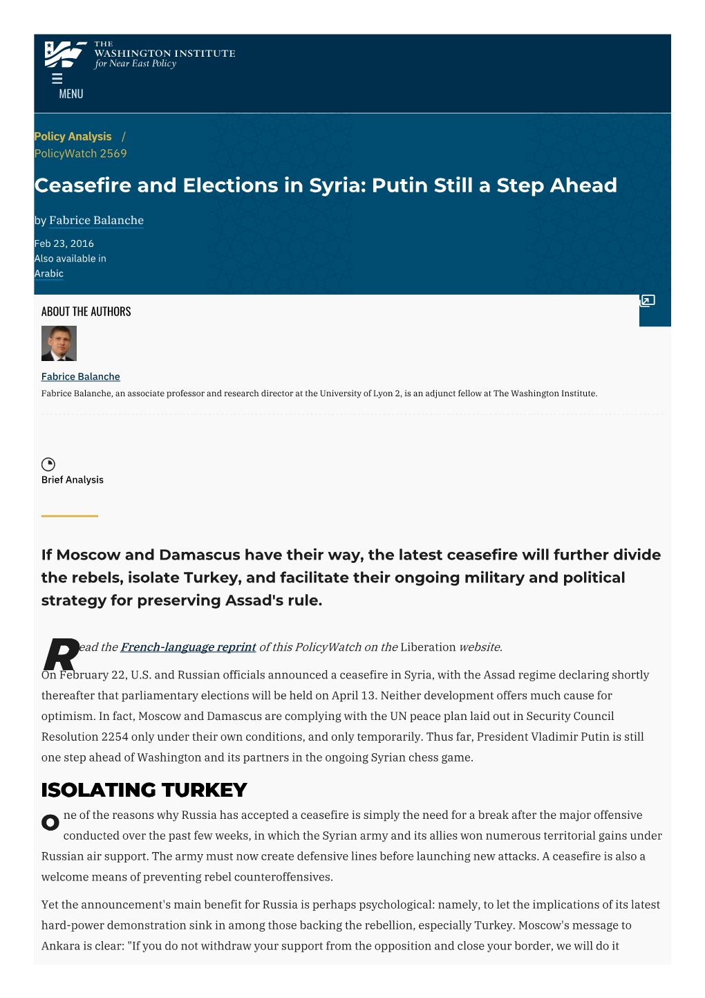 Ceasefire and Elections in Syria: Putin Still a Step Ahead by Fabrice Balanche