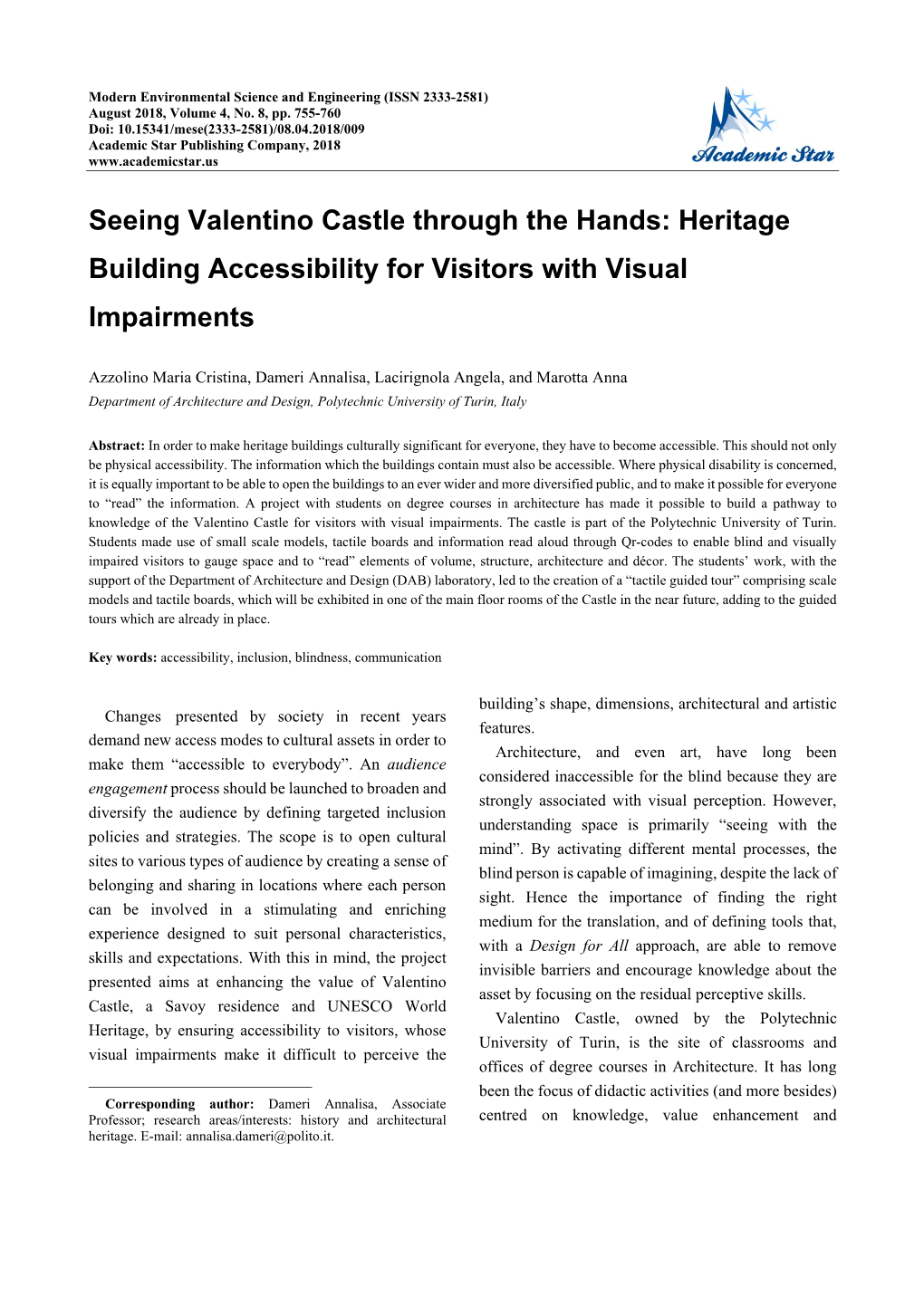 Seeing Valentino Castle Through the Hands: Heritage Building Accessibility for Visitors with Visual Impairments