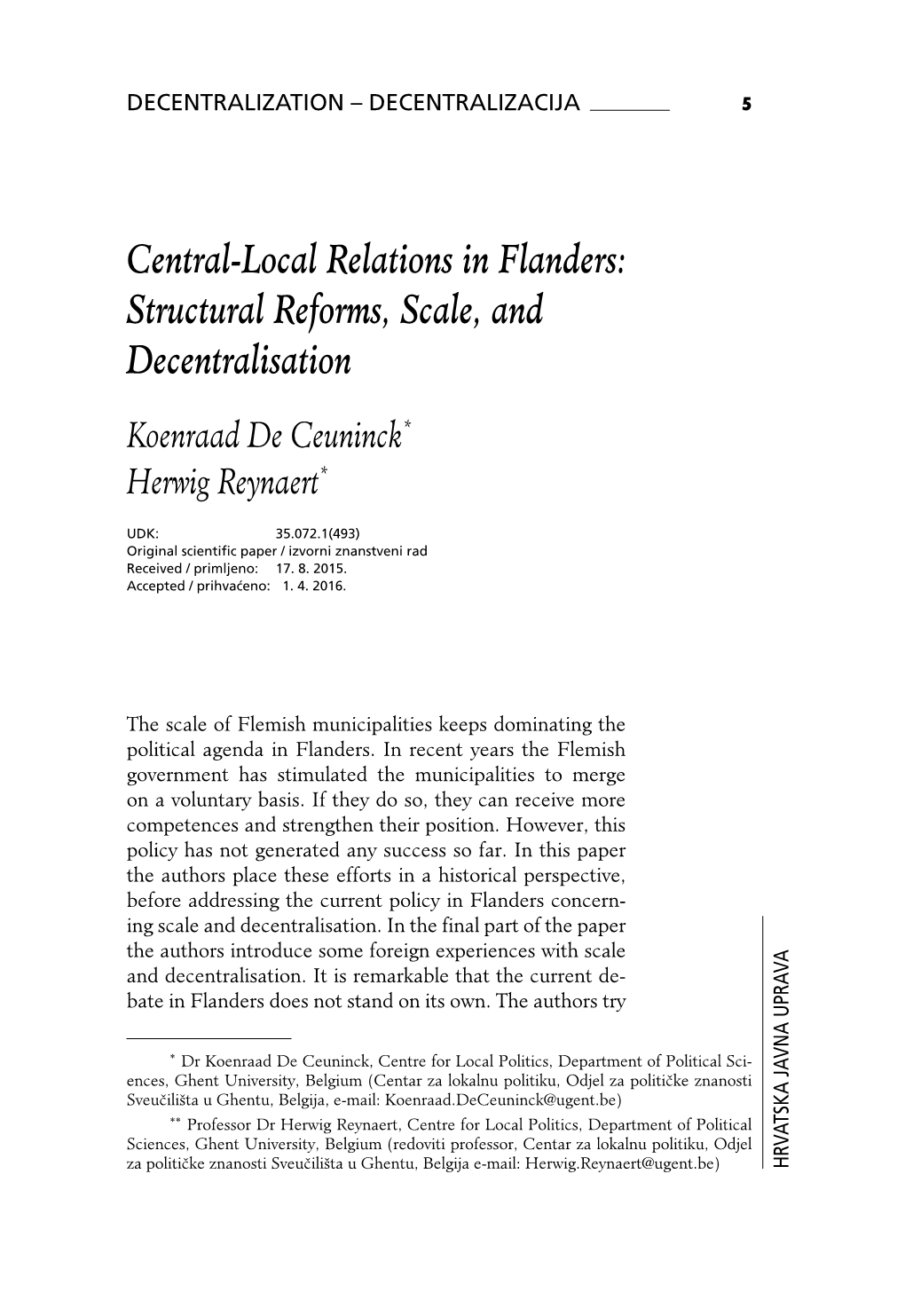 Central-Local Relations in Flanders: Structural Reforms, Scale, and Decentralisation