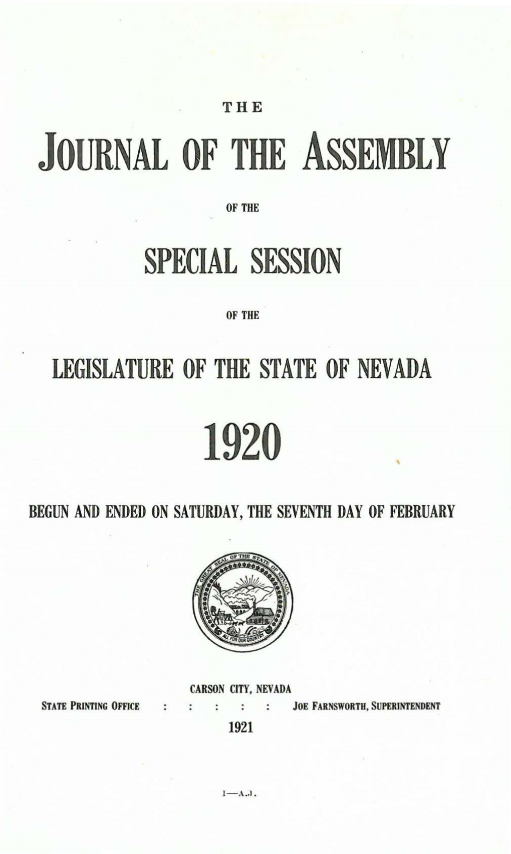 1920 4Th Special Session Journal of the Nevada State Assembly