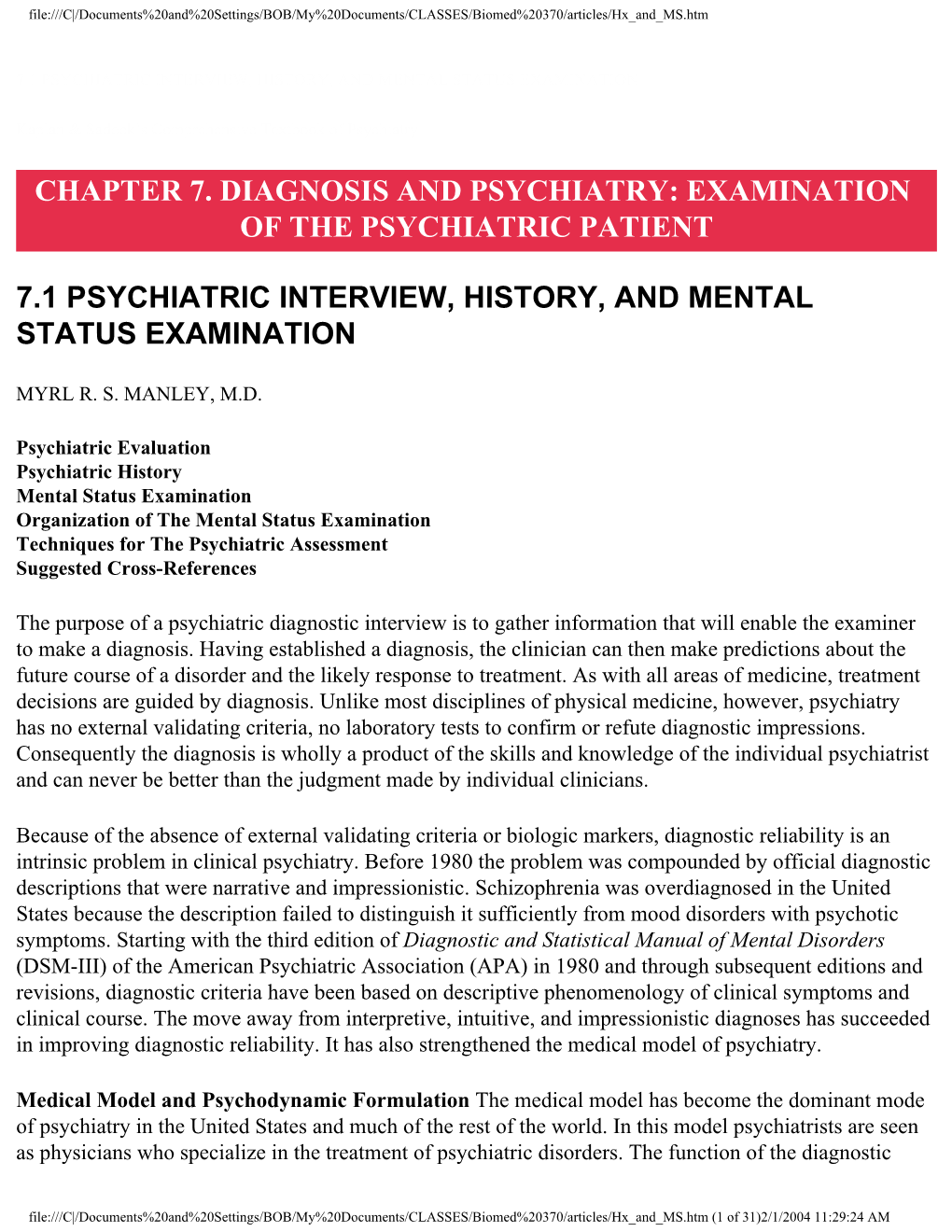 Chapter 7. Diagnosis and Psychiatry: Examination of the Psychiatric Patient