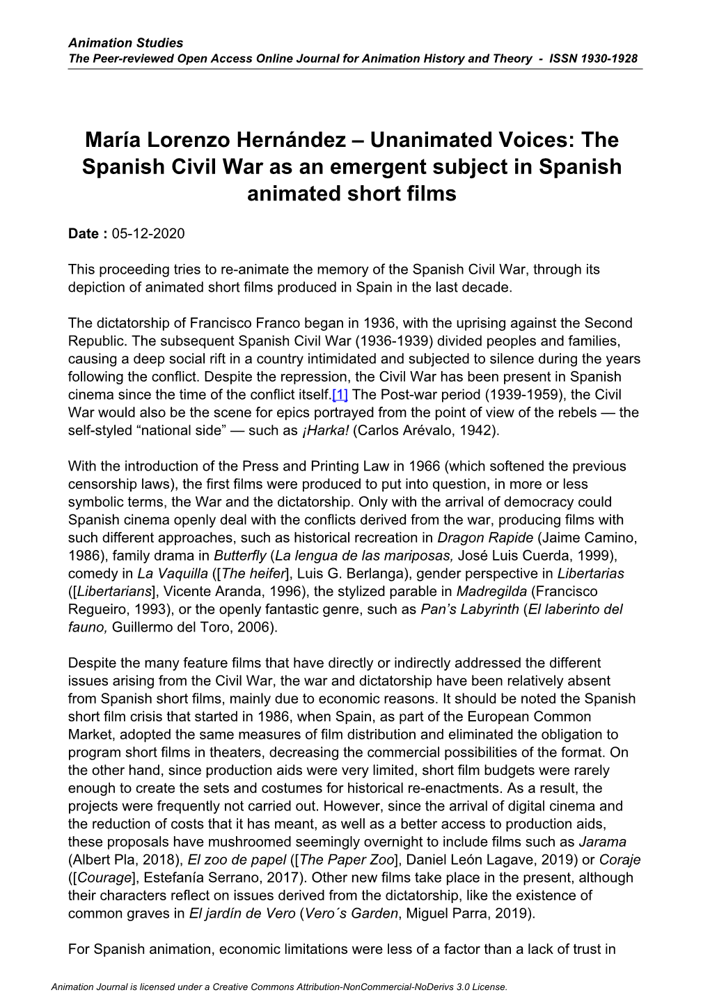 María Lorenzo Hernández – Unanimated Voices: the Spanish Civil War As an Emergent Subject in Spanish Animated Short Films