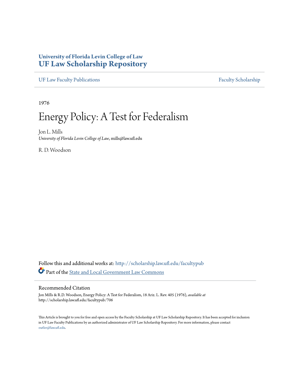 Energy Policy: a Test for Federalism Jon L