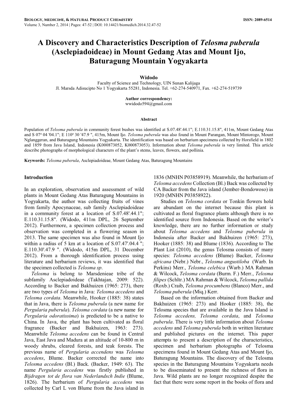 A Discovery and Characteristics Description of Telosma Puberula (Asclepiadoideae) in Mount Gedang Atas and Mount Ijo, Baturagung Mountain Yogyakarta