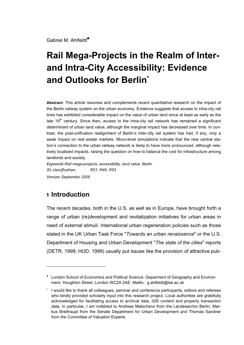 Rail Mega-Projects in the Realm of Inter- and Intra-City Accessibility: Evidence and Outlooks for Berlin∗