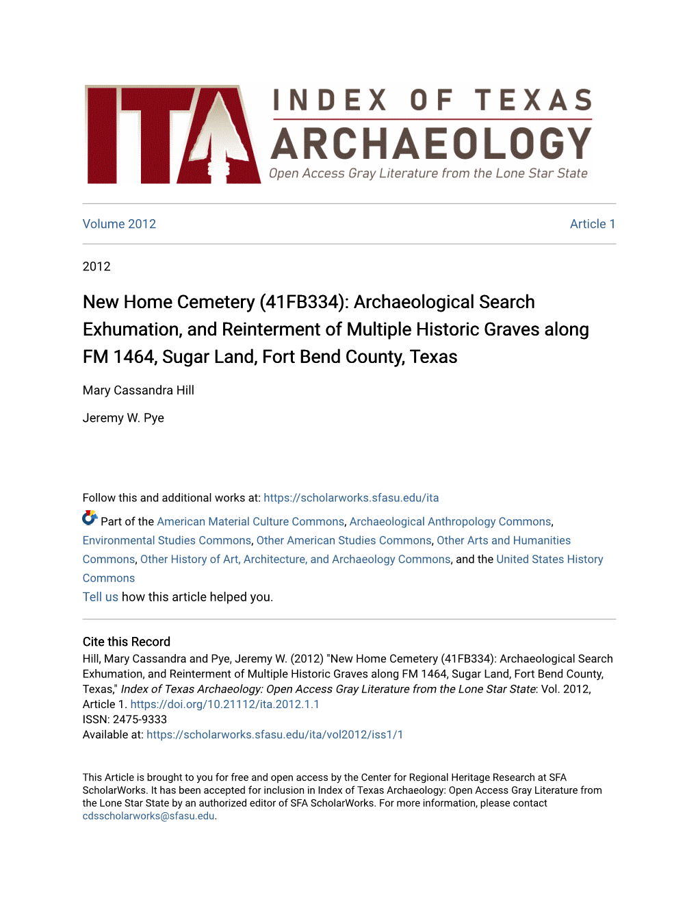 New Home Cemetery (41FB334): Archaeological Search Exhumation, and Reinterment of Multiple Historic Graves Along FM 1464, Sugar Land, Fort Bend County, Texas