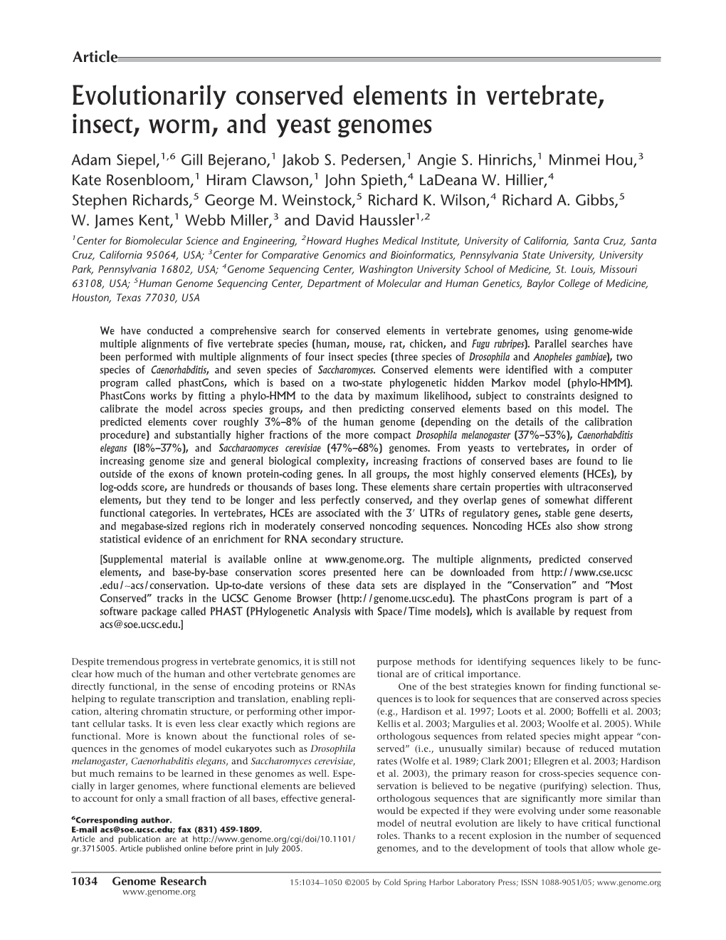 Evolutionarily Conserved Elements in Vertebrate, Insect, Worm, and Yeast Genomes