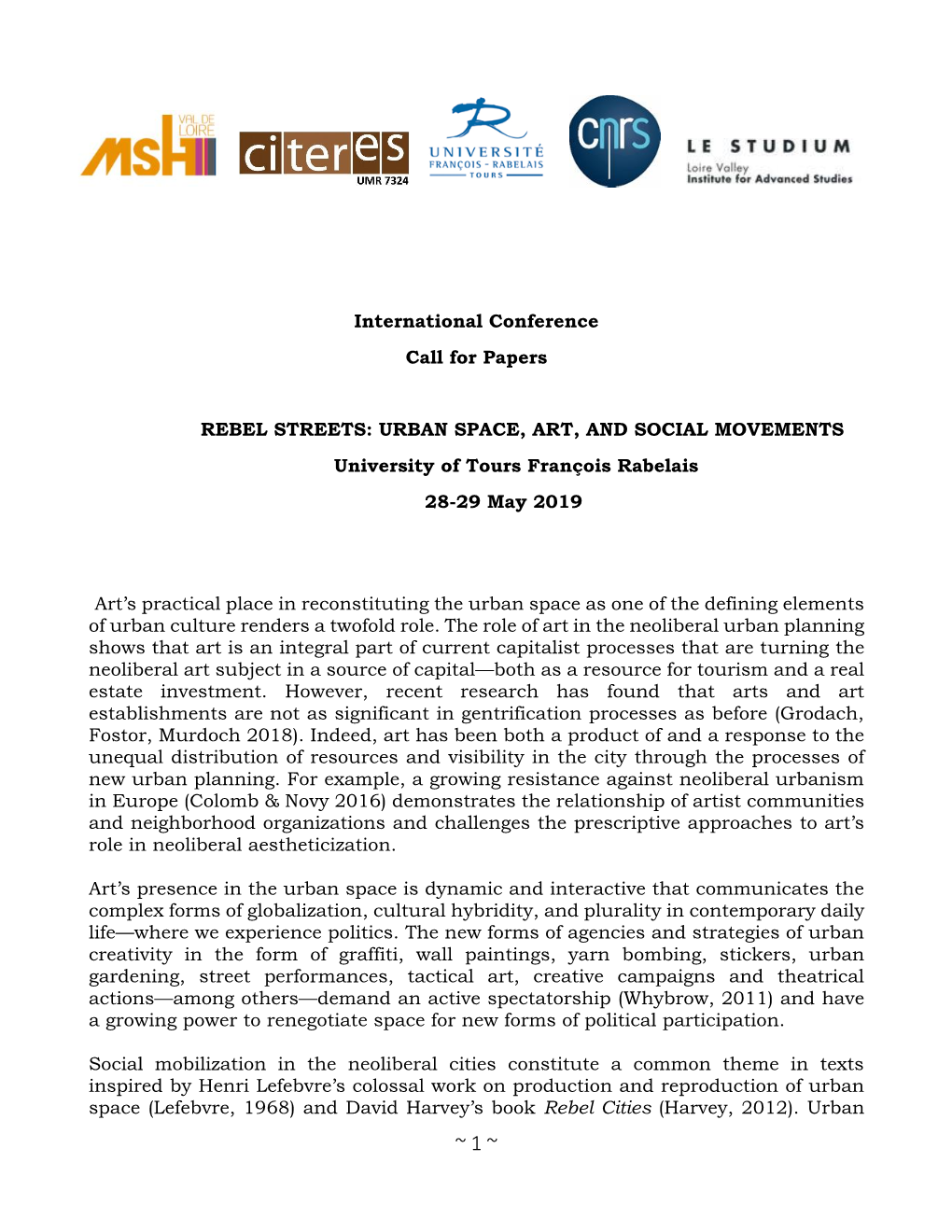 International Conference Call for Papers REBEL STREETS: URBAN