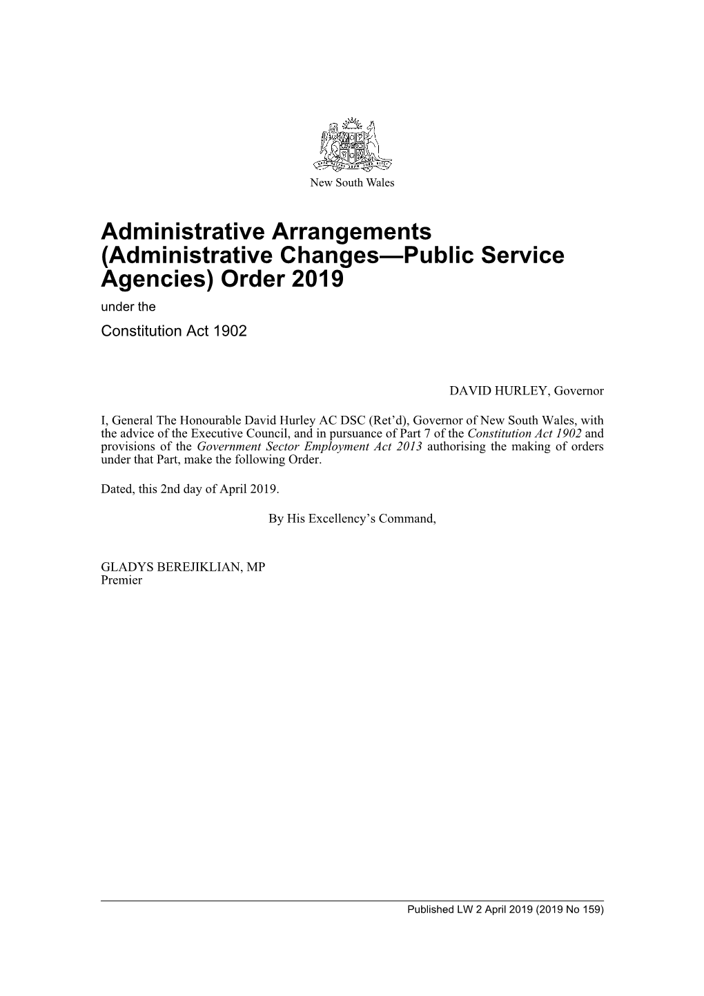 Administrative Changes—Public Service Agencies) Order 2019 (159