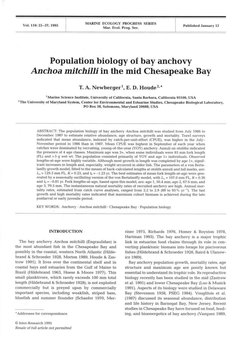 Population Biology of Bay Anchovy Anchoa Mitchilli in the Mid Chesapeake Bay