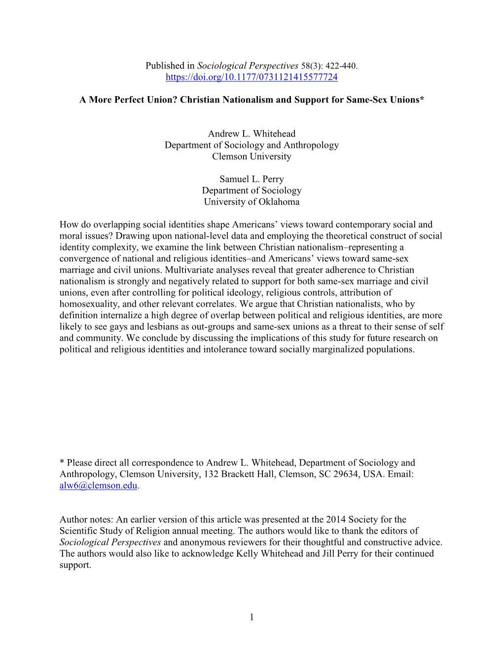 Christian Nationalism and Support for Same-Sex Unions*