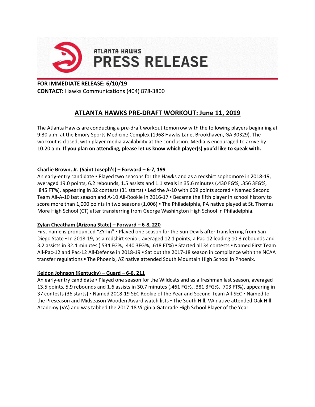 ATLANTA HAWKS PRE-DRAFT WORKOUT: June 11, 2019