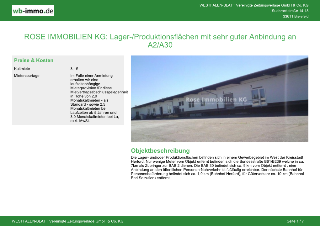 ROSE IMMOBILIEN KG: Lager-/Produktionsflächen Mit Sehr Guter Anbindung an A2/A30