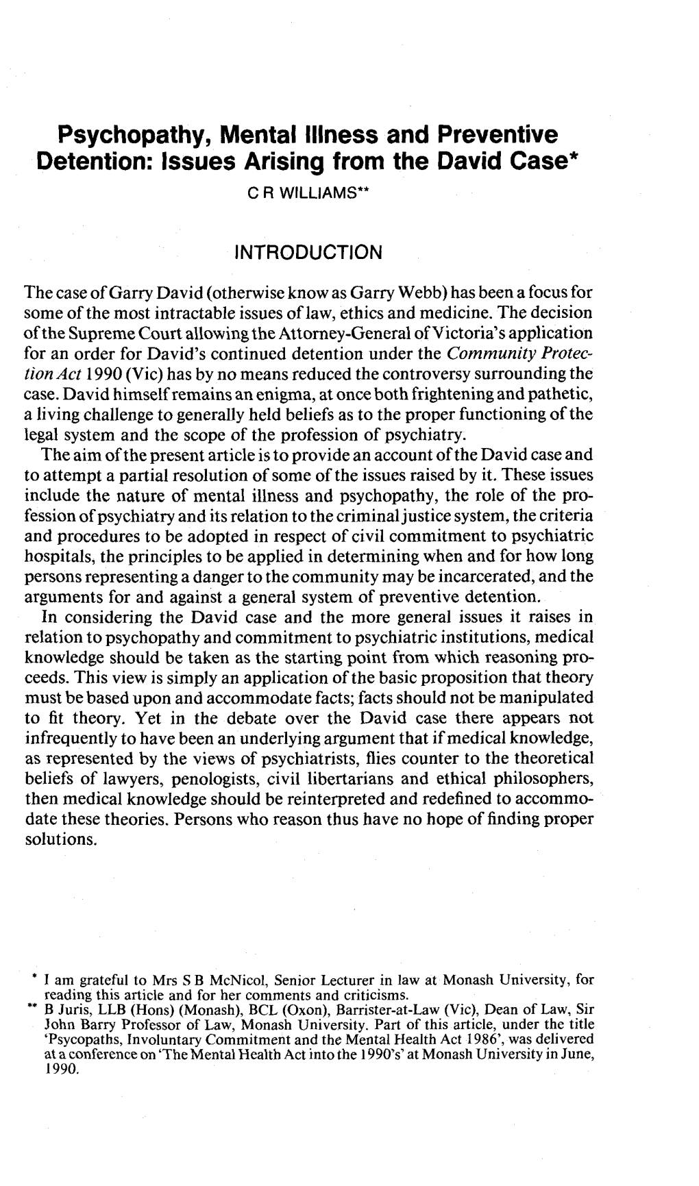 Psychopathy, Mental Illness and Preventive Detention: Issues Arising from the David Case*