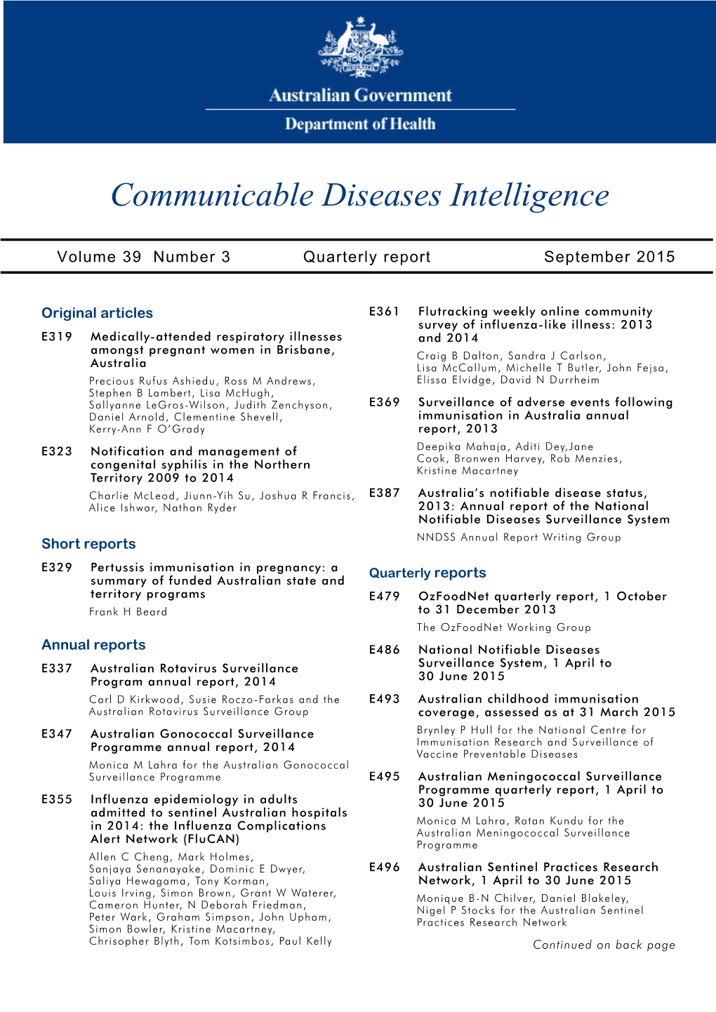 Communicable Diseases Intelligence Volume 39 Number 3 September 2015