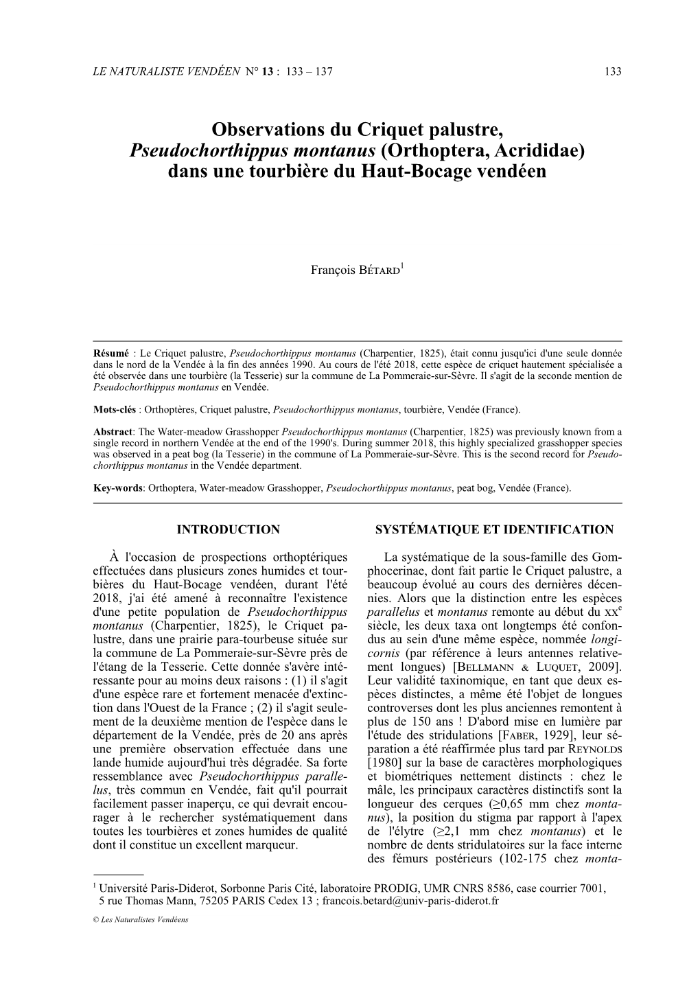 Observations Du Criquet Palustre, Pseudochorthippus Montanus (Orthoptera, Acrididae) Dans Une Tourbière Du Haut-Bocage Vendéen