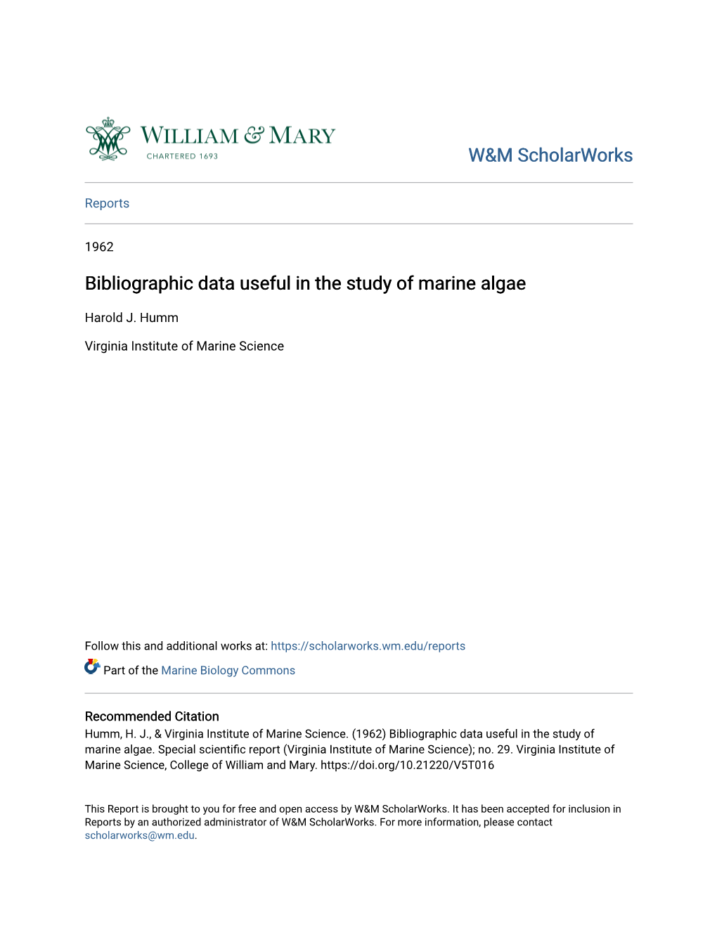 Bibliographic Data Useful in the Study of Marine Algae