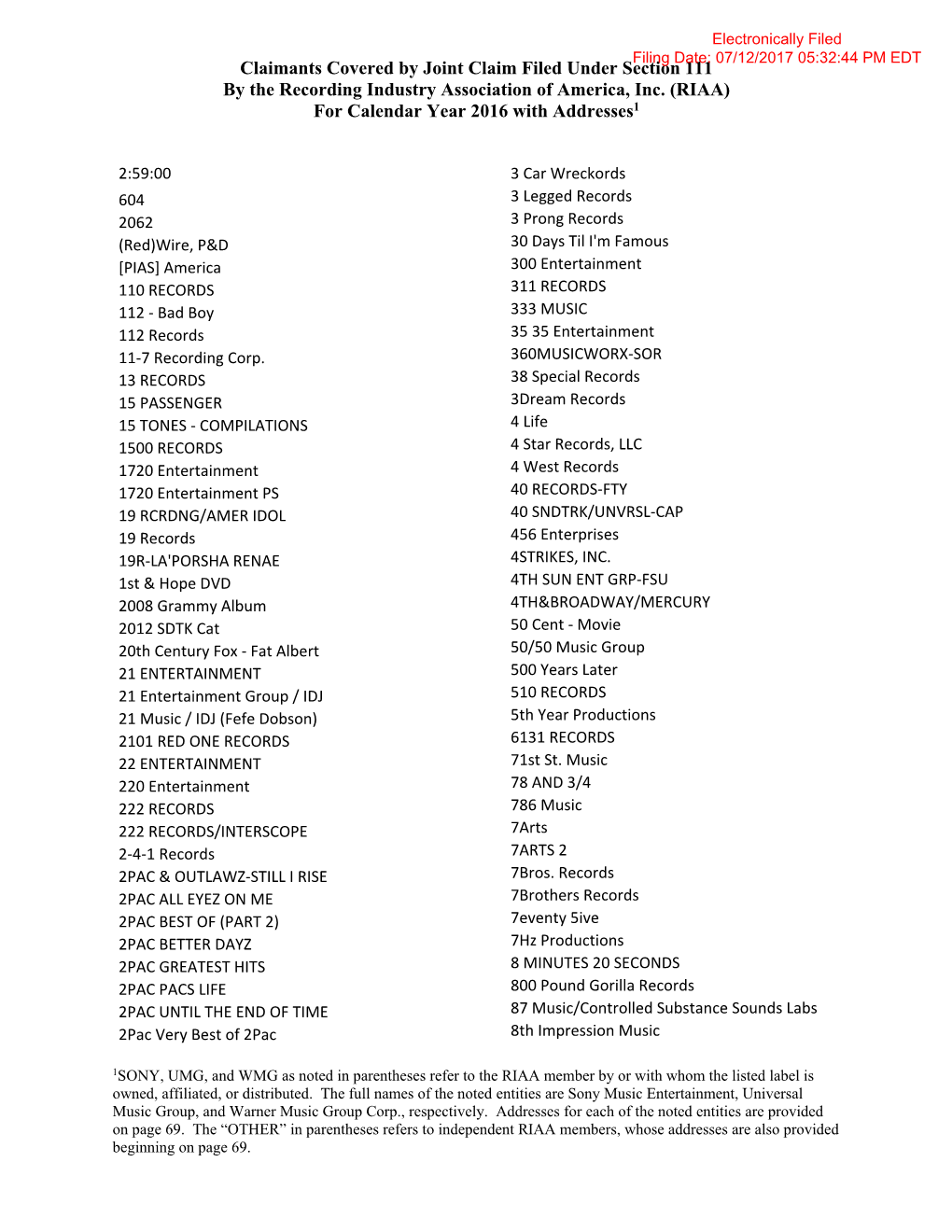 Claimants Covered by Joint Claim Filed Under Section 111 by the Recording Industry Association of America, Inc