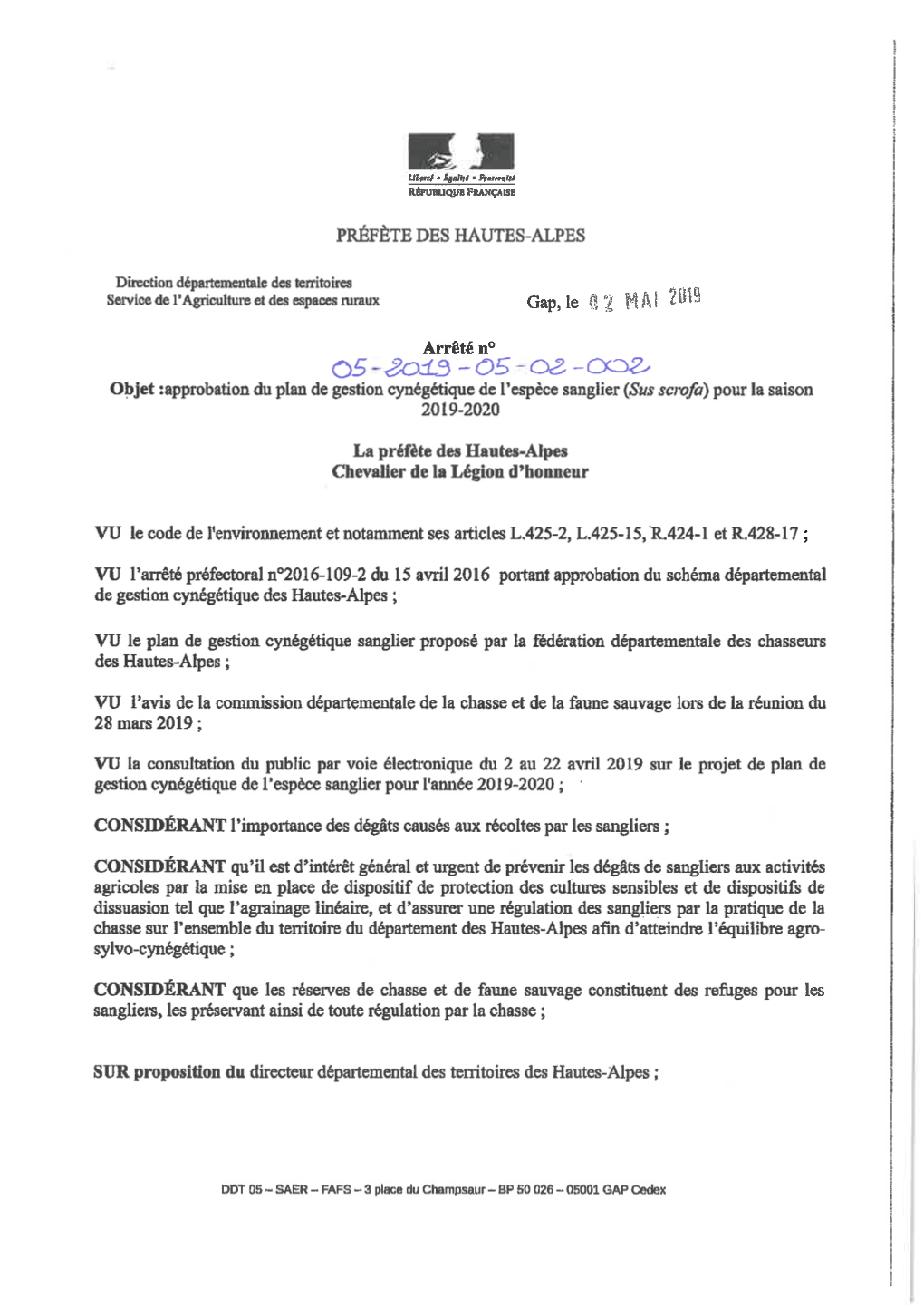 Arrêté Préfectoral Pgc Sanglier 2019/2020