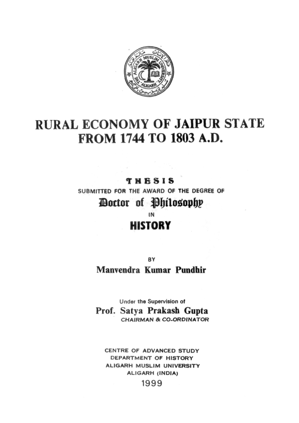 Rural Economy of Jaipur State from 1744 to 1803 A.D