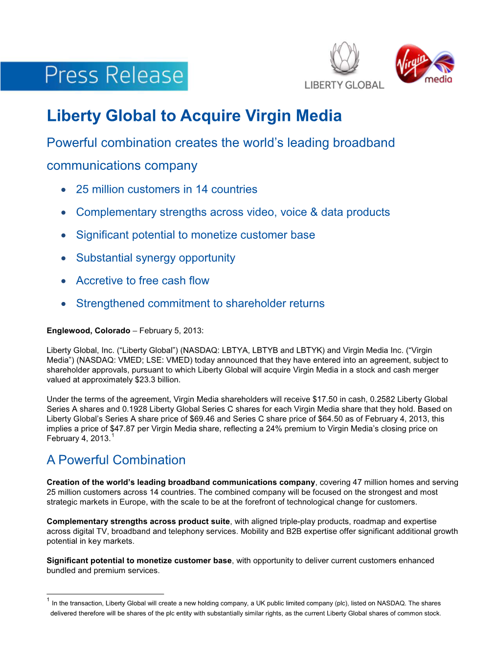 Liberty Global to Acquire Virgin Media