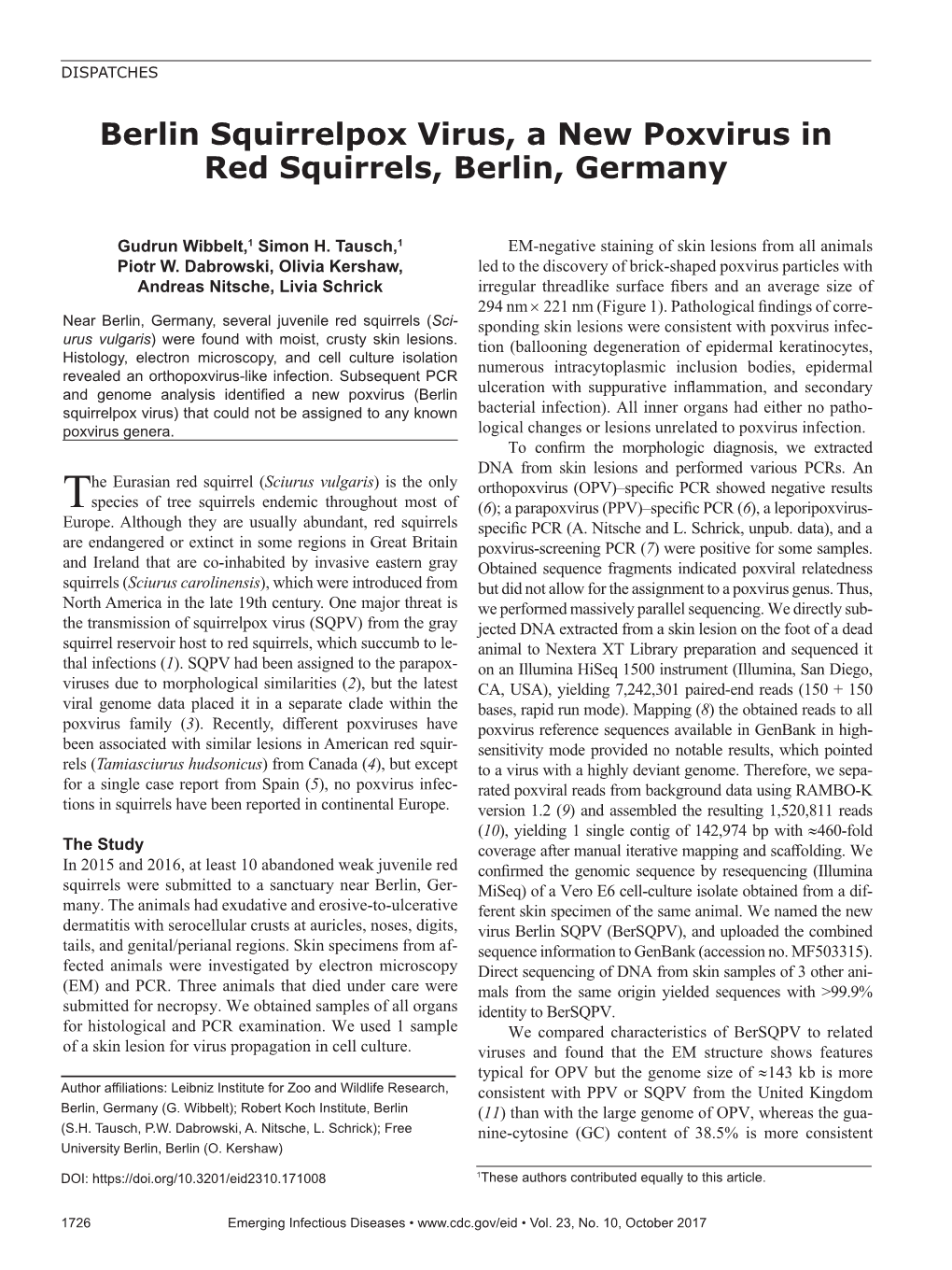 Berlin Squirrelpox Virus, a New Poxvirus in Red Squirrels, Berlin, Germany
