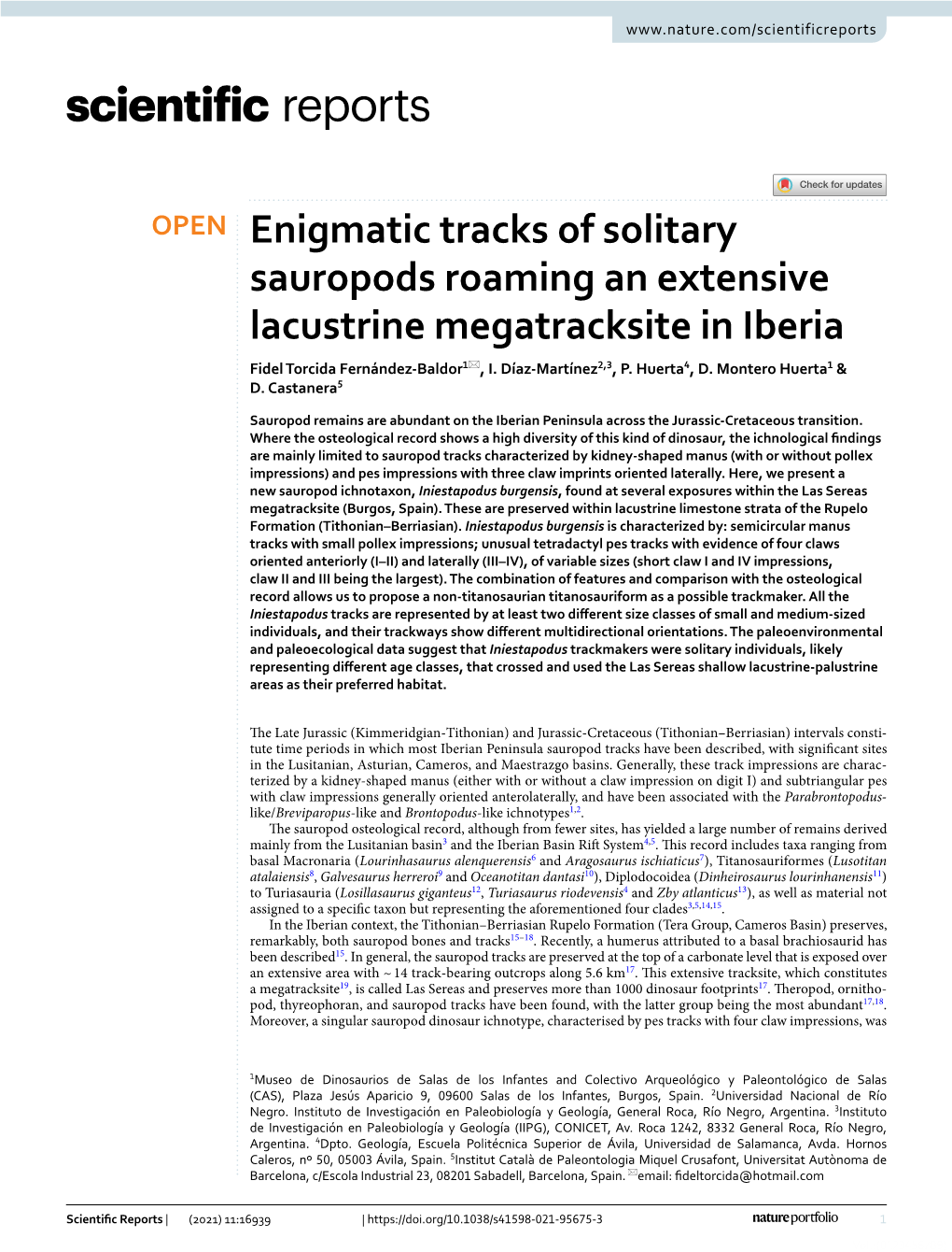 Enigmatic Tracks of Solitary Sauropods Roaming an Extensive Lacustrine Megatracksite in Iberia Fidel Torcida Fernández‑Baldor1*, I