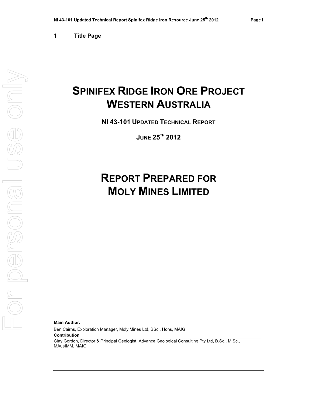 Spinifex Ridge Iron Resource June 25Th 2012 Page I