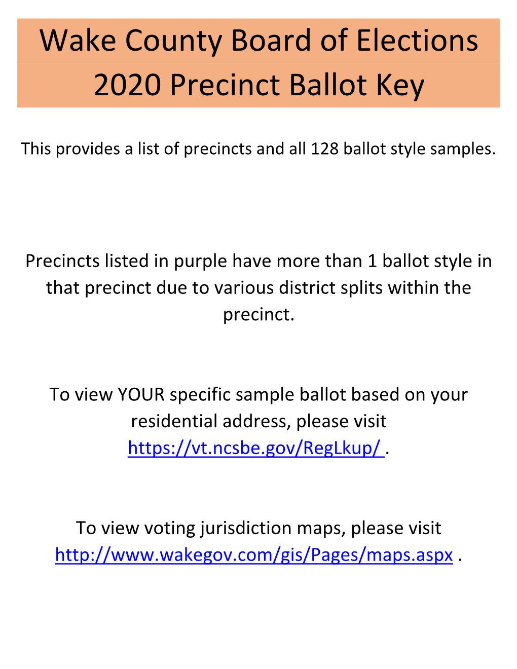 Wake County Board of Elections 2020 Precinct Ballot Key