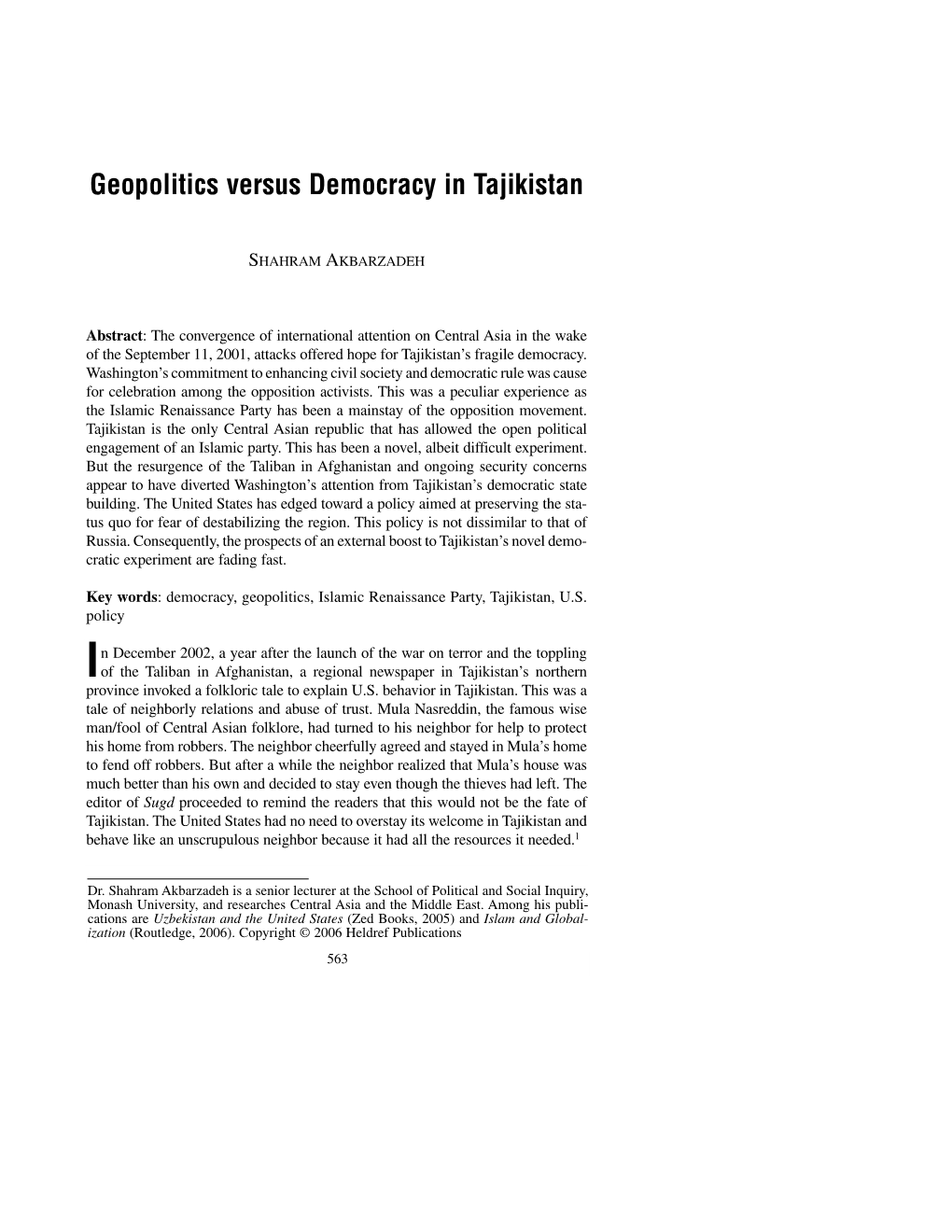 Geopolitics Versus Democracy in Tajikistan