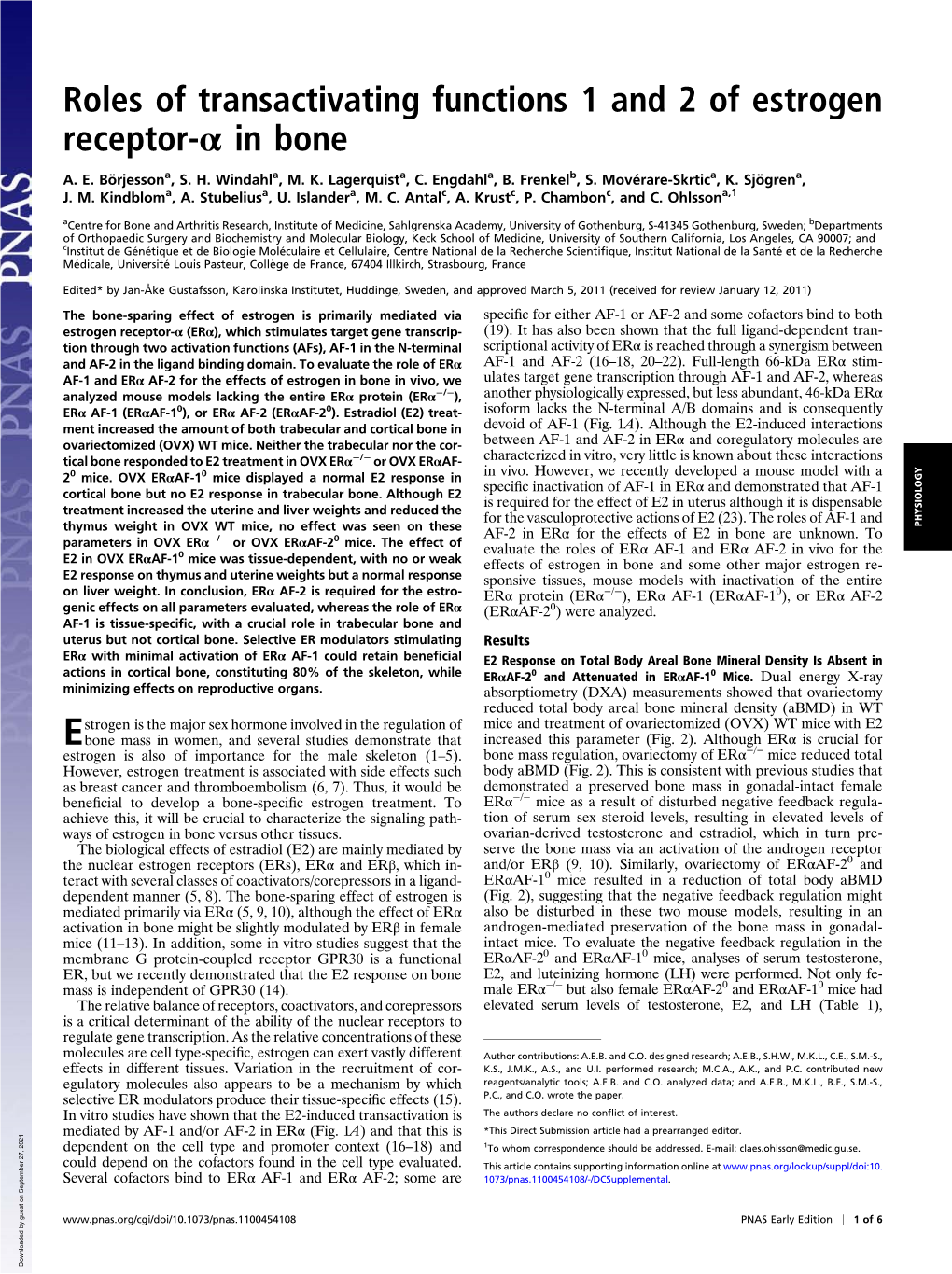 Roles of Transactivating Functions 1 and 2 of Estrogen Receptor-Α in Bone