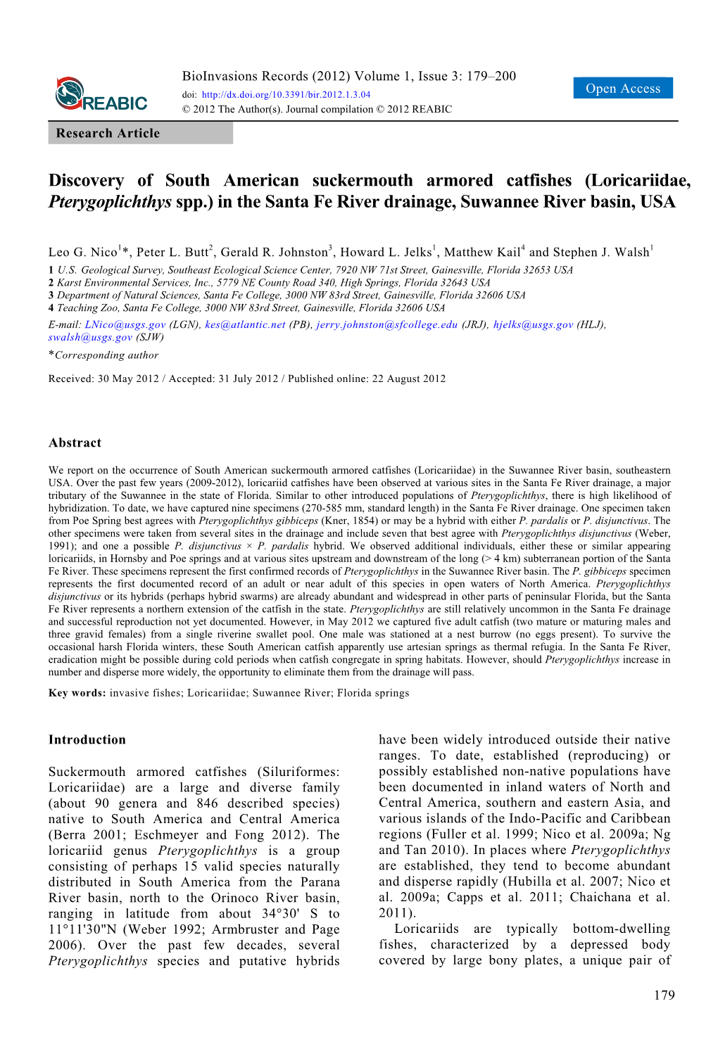 (Loricariidae, Pterygoplichthys Spp.) in the Santa Fe River Drainage, Suwannee River Basin, USA
