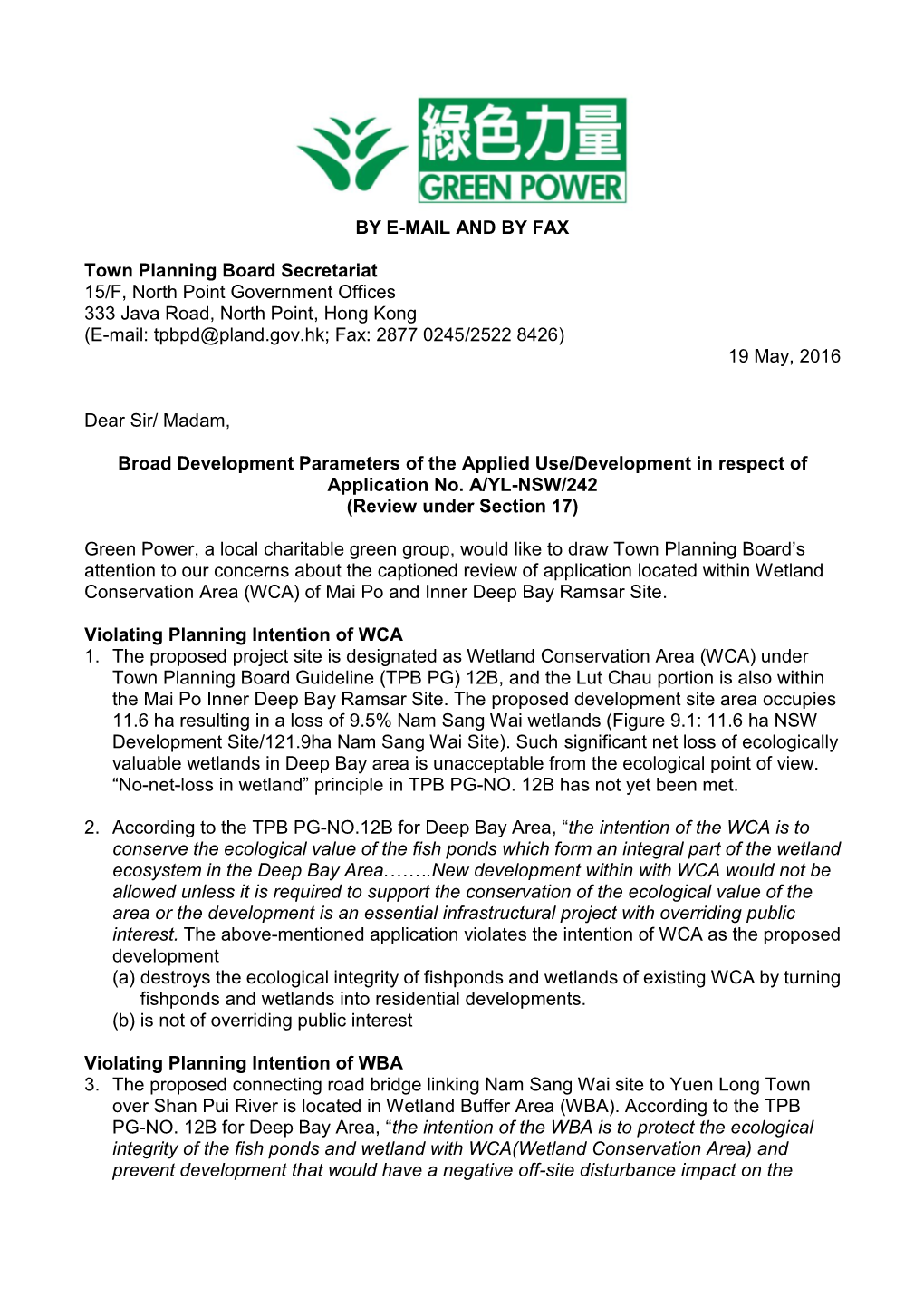 Letter to Town Planning Board Commenting on the Review