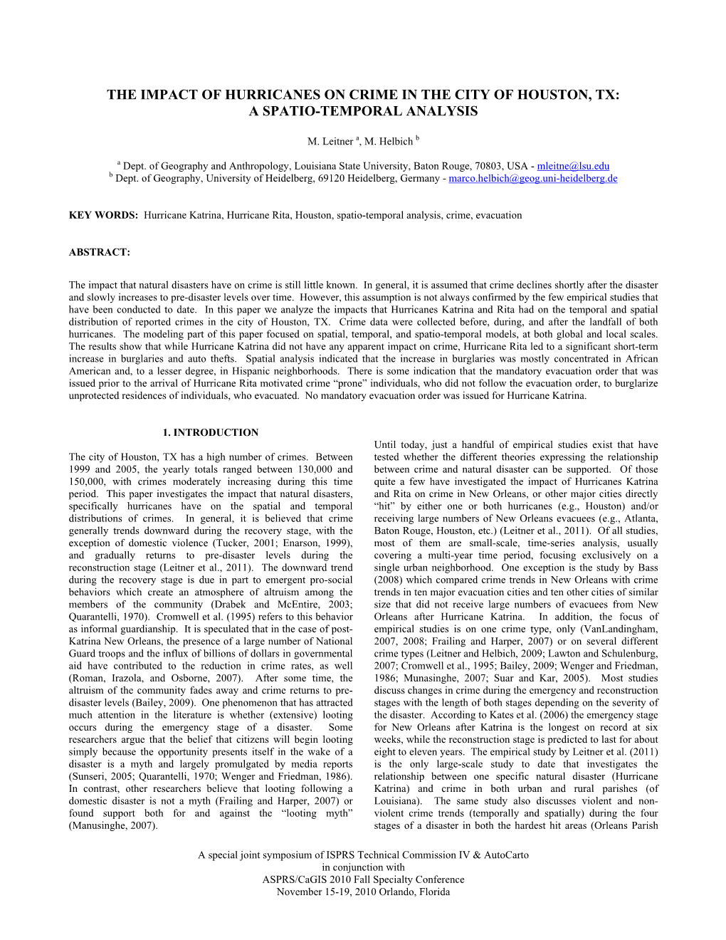 The Impact of Hurricanes on Crime in the City of Houston, Tx: a Spatio-Temporal Analysis