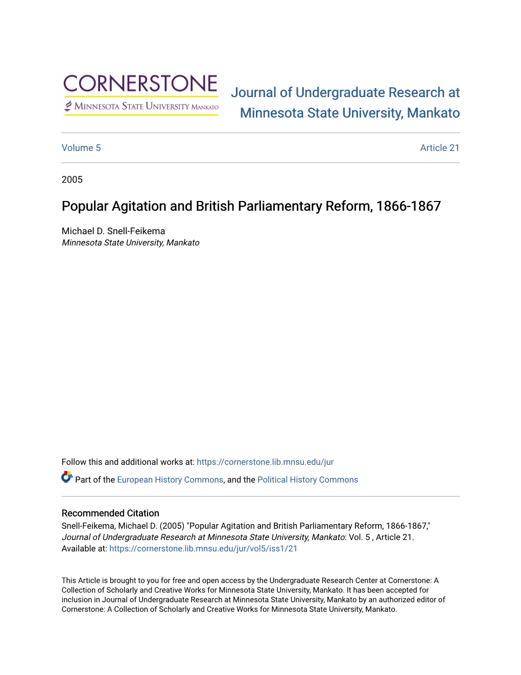 Popular Agitation and British Parliamentary Reform, 1866-1867