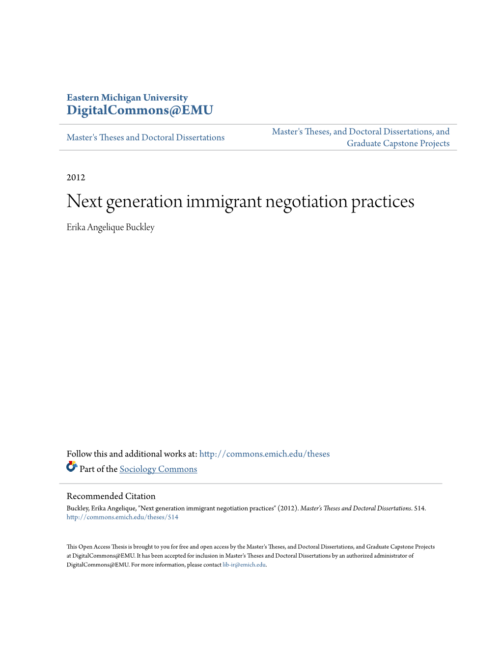 Next Generation Immigrant Negotiation Practices Erika Angelique Buckley