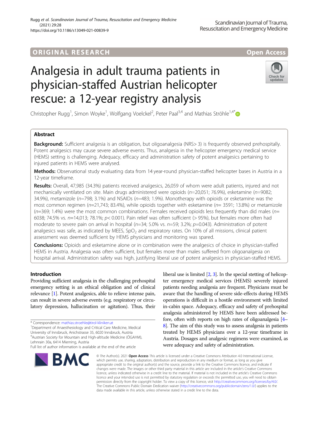 Analgesia in Adult Trauma Patients in Physician-Staffed Austrian Helicopter Rescue: a 12-Year Registry Analysis