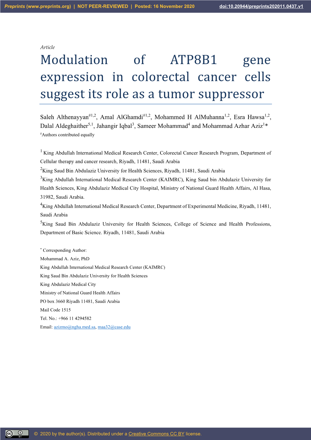 Modulation of ATP8B1 Gene Expression in Colorectal Cancer Cells Suggest Its Role As a Tumor Suppressor